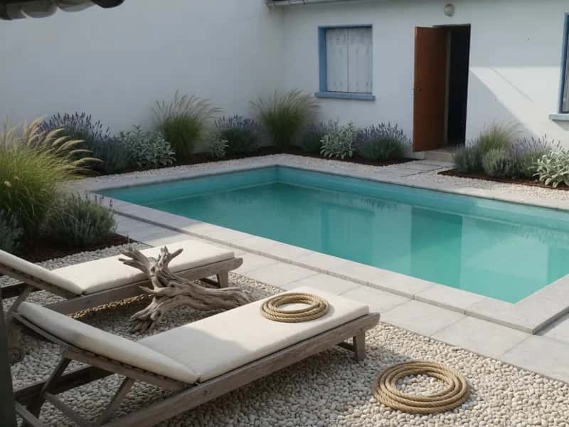 Pool area after AI garden design in coastal style